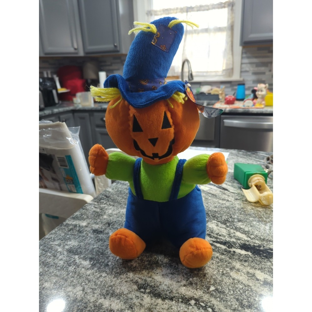 KING PLUSH Halloween Pumpkin Head Scarecrow Overalls Plush Stuffed Decor